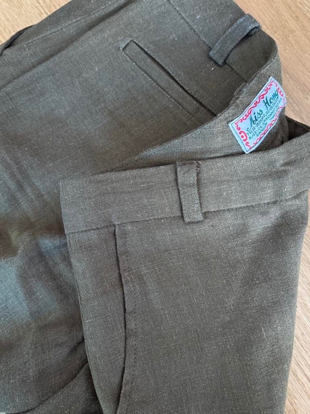 Khaki olive green linen trousers. Size S. Custom made in Thailand.
